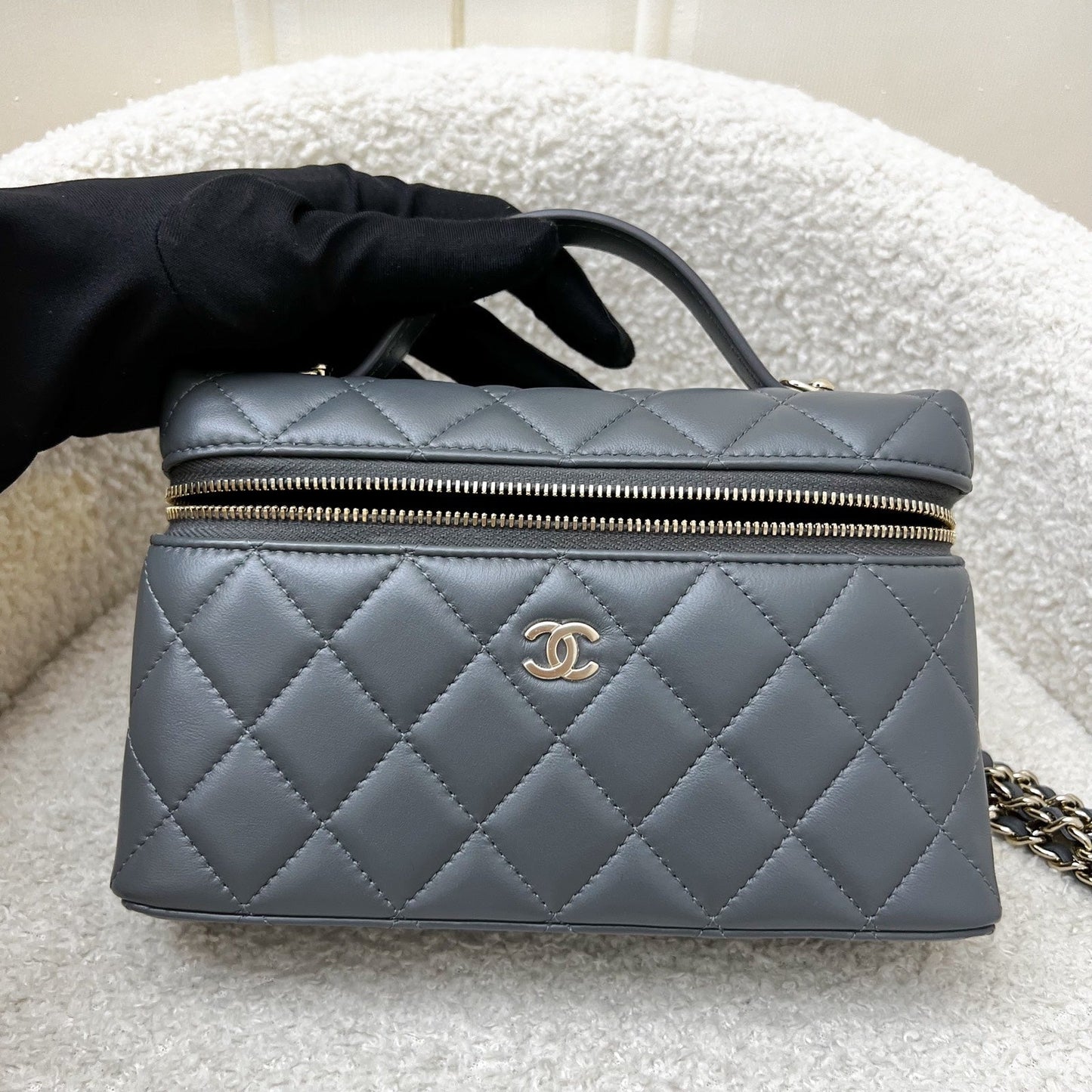 Chanel Vanity / Clutch with Chain (LP Style Bag) in Grey Lambskin and LGHW (Model: )
