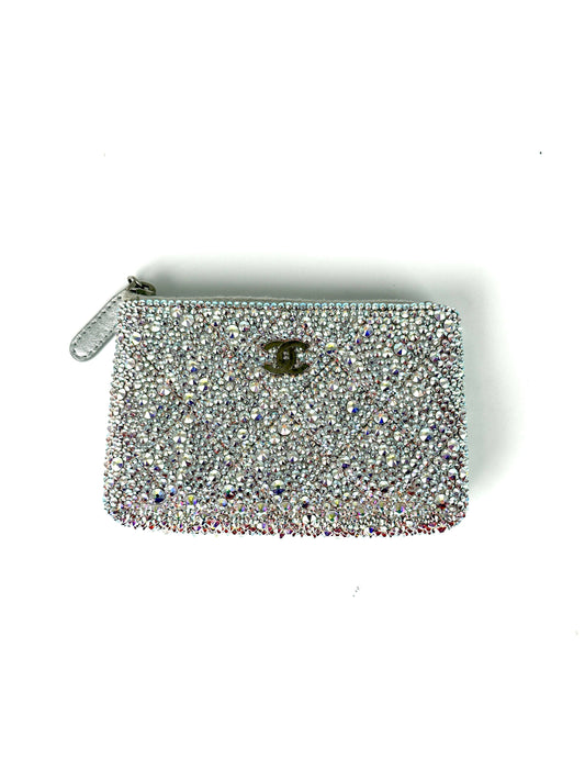 Chanel Silver Swarovski Crystal Leather Key Pouch Case Holder