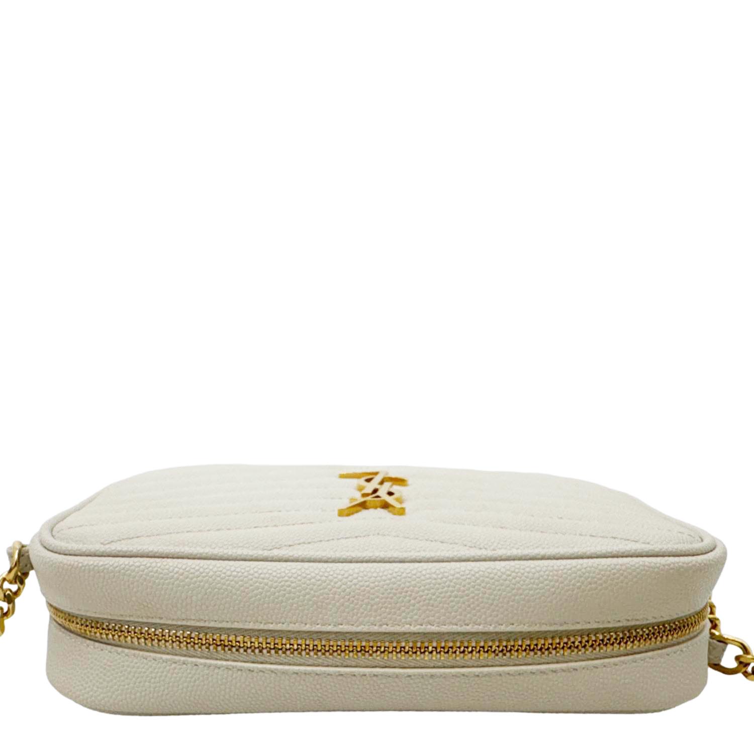 YSL Saint Laurent Yves Lou Chevron Camera Crossbody Bag Off Leather White Mini