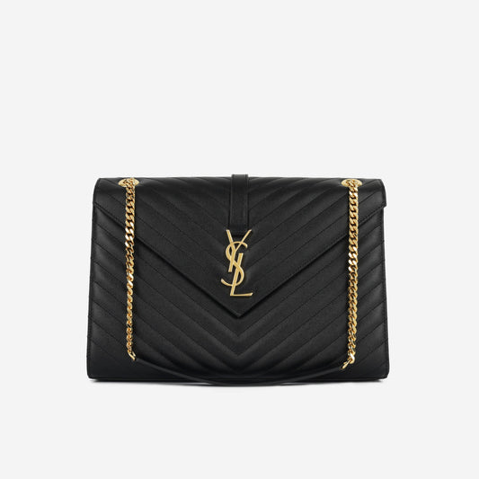 YSL Saint Laurent Envelope Bag Large Crossbody Bag Black Grained Ghw