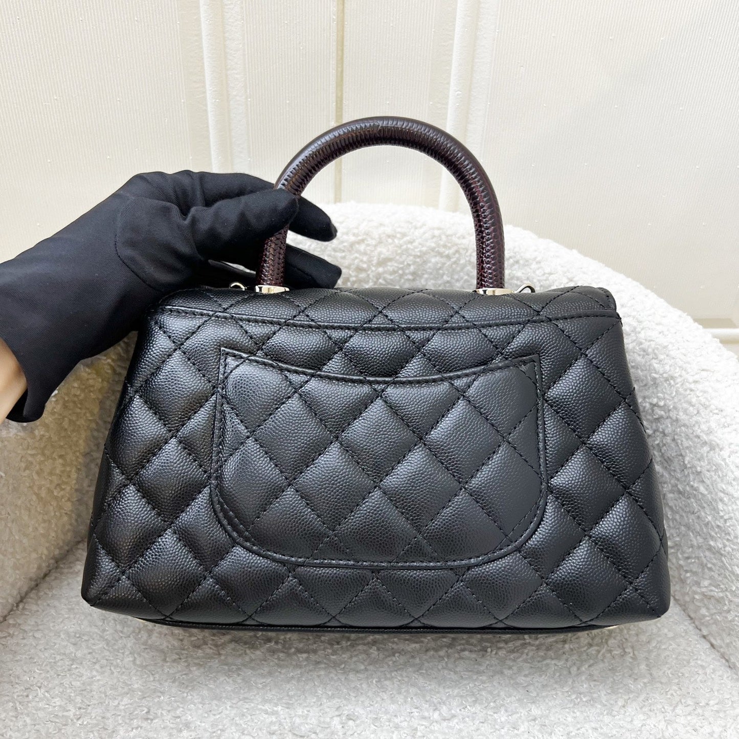 Chanel Small Coco handle Flap in Black Caviar, Burgundy Lizard Embossed Calfskin Handle and LGHW (Model: ) Accessory