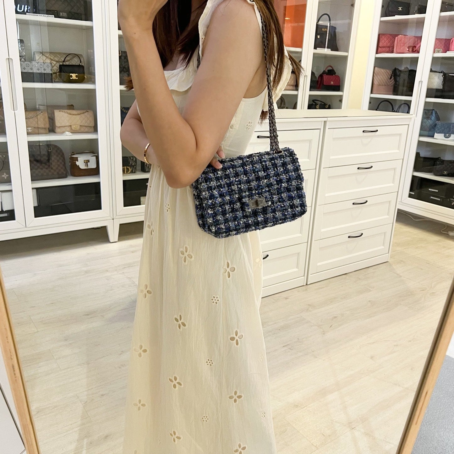 Chanel 2.55 Reissue Mini Flap in Navy / Blue / Black Tweed and RHW Accessory