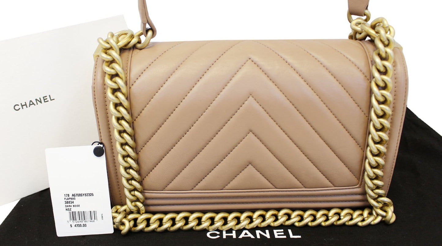 Chanel Chevron Dark Boy Flap Bag Quilted Beige Shoulder Bag