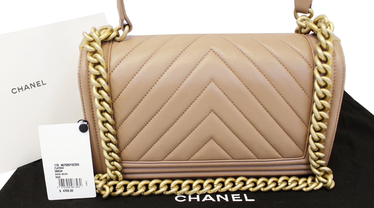 Chanel Chevron Quilted Dark Boy Flap Calfskin Beige Travel Bag