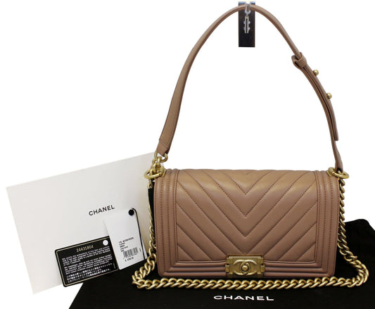 Chanel Chevron Dark Boy Flap Bag Quilted Beige Shoulder Bag