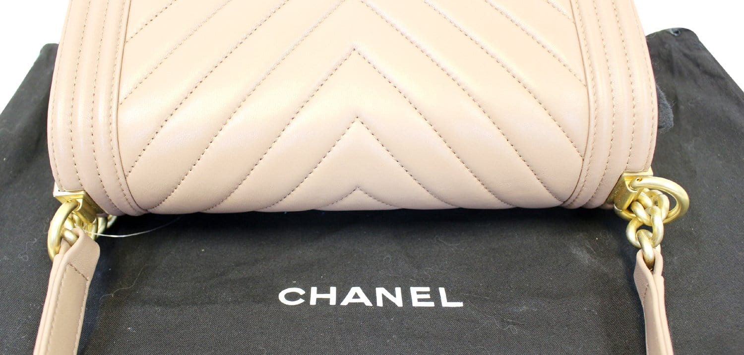 Chanel Chevron Dark Boy Flap Bag Quilted Beige Shoulder Bag