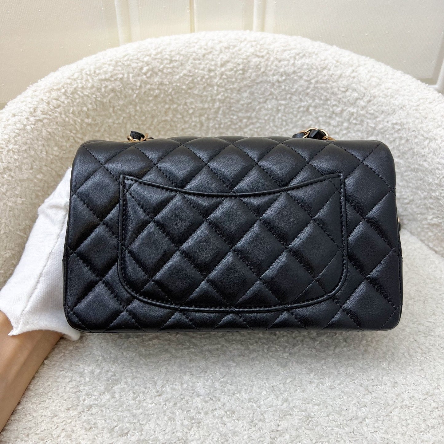 Chanel Mini Rectangle Classic Flap in Black Lambskin and Rose Gold HW Accessory