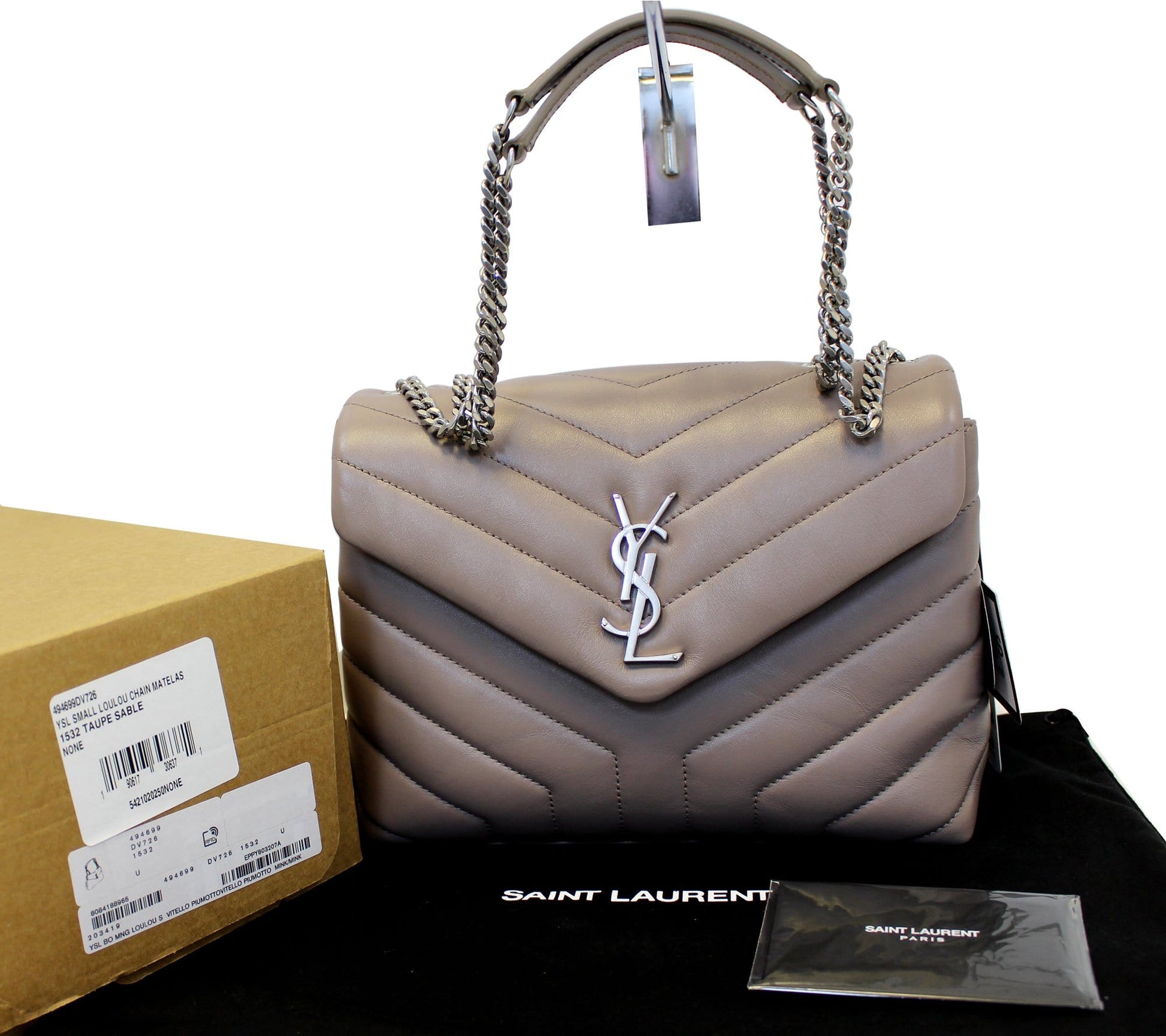 YSL Saint Laurent Yves Loulou Shoulder Bag Taupe Matelasse Small Chain