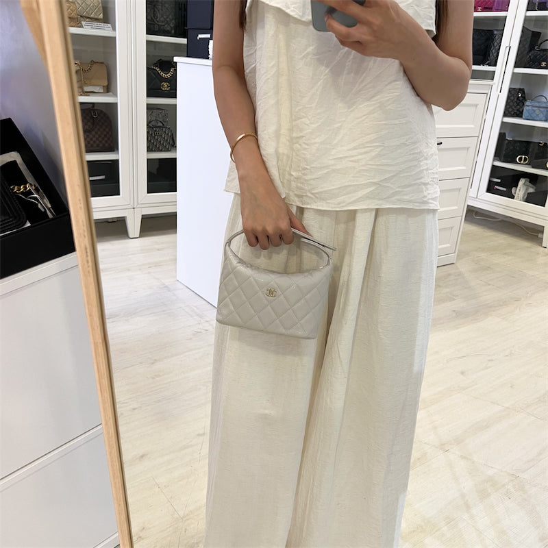Chanel Quilted Hobo Clutch on Chain in Light Grey Caviar and LGHW