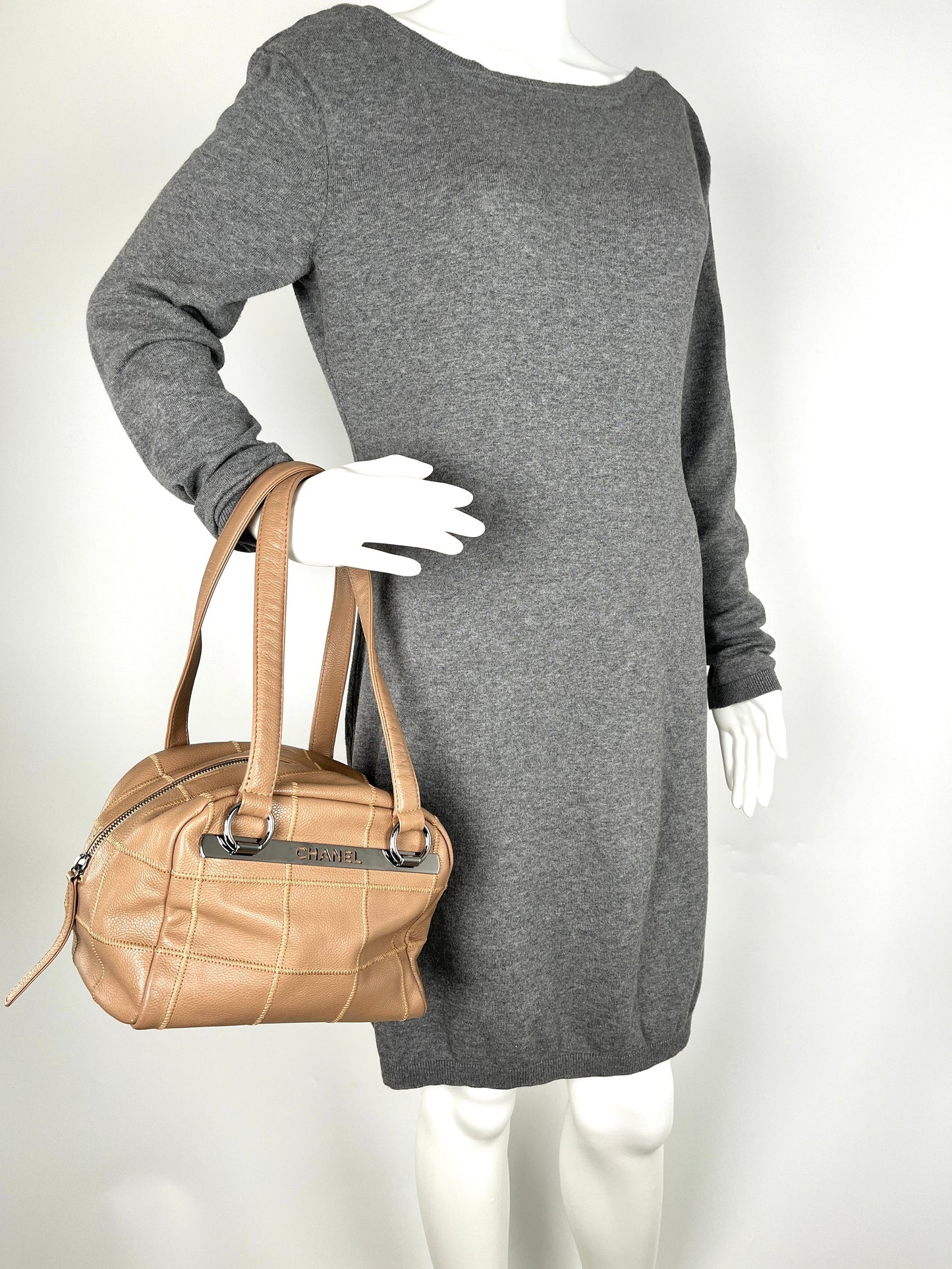 Chanel LAX Square Quilt Bowler Dark Beige Leather Accessory