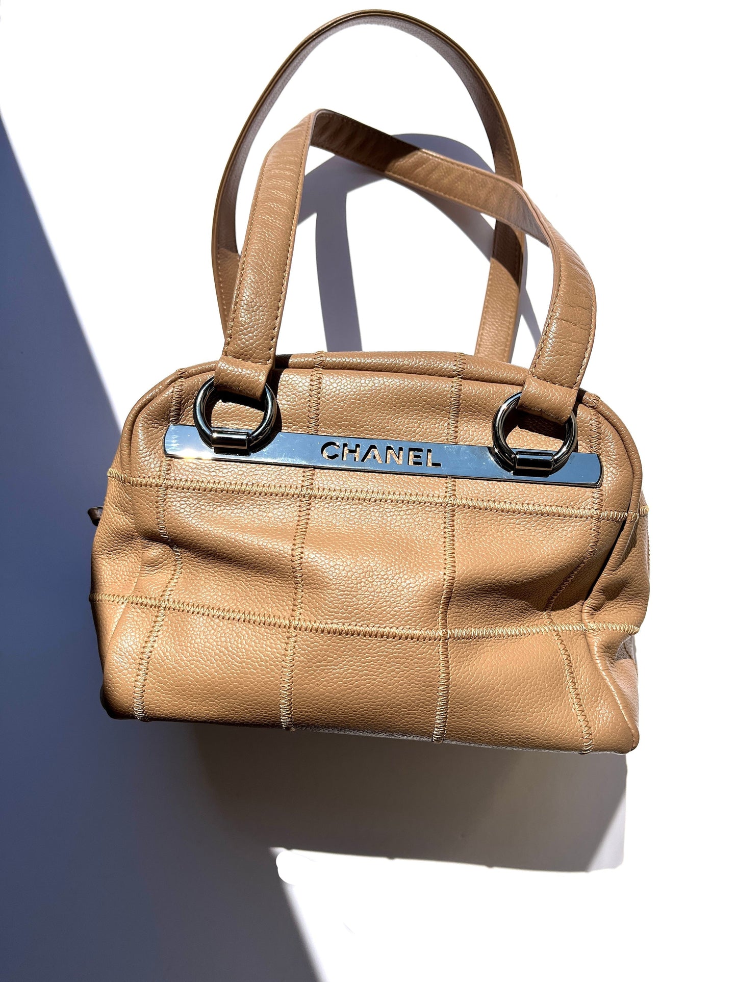 Chanel LAX Square Quilt Bowler Dark Beige Leather Accessory