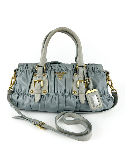 Prada Satchel Bag Tessuto Gaufre with extension strap Blue Baby