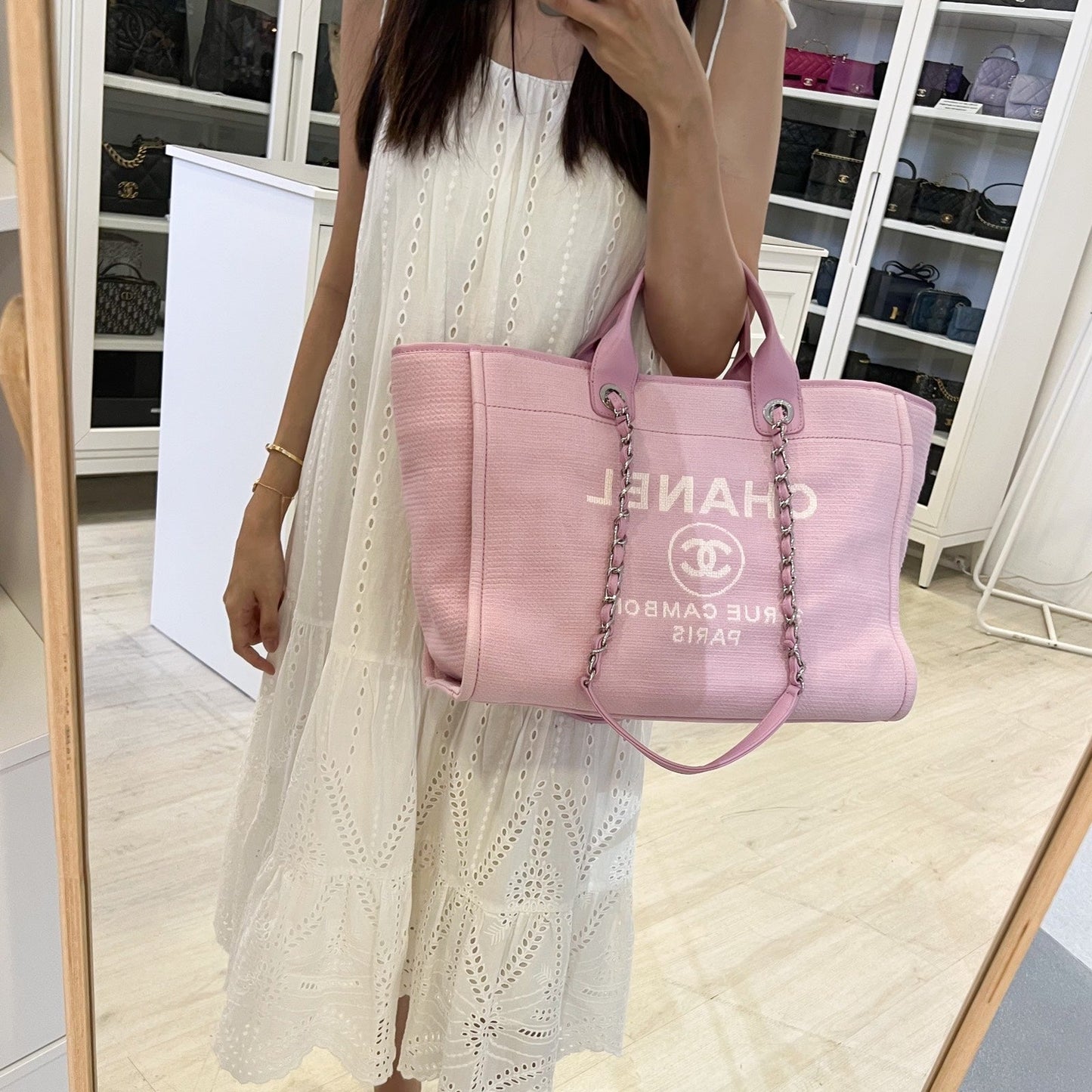Chanel Medium / Large Deauville Tote in Pink Fabric LGHW