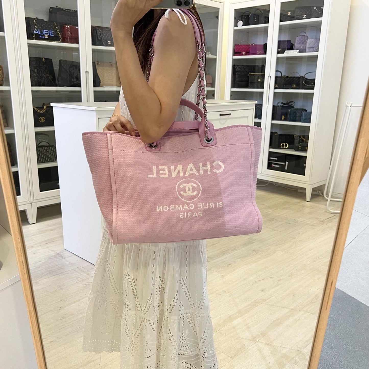 Chanel Medium / Large Deauville Tote in Pink Fabric LGHW