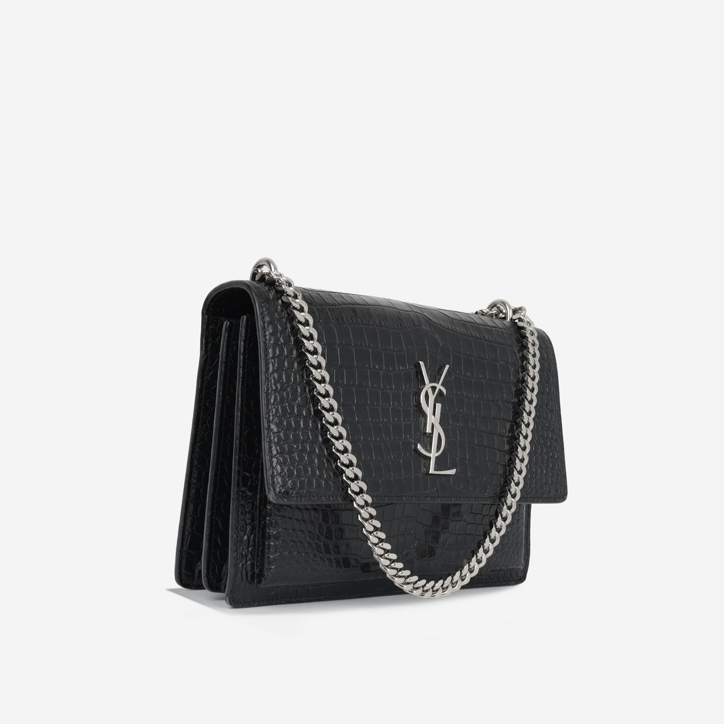 YSL Saint Laurent Sunset Crossbody Bag Medium Croc Embossed Shw