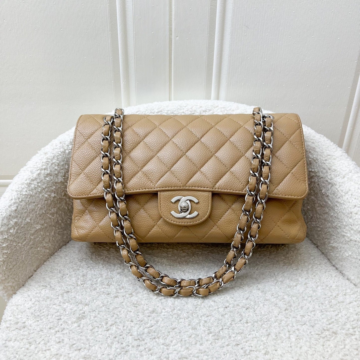 Chanel Medium Classic Flap CF in Beige Caviar and SHW Accessory