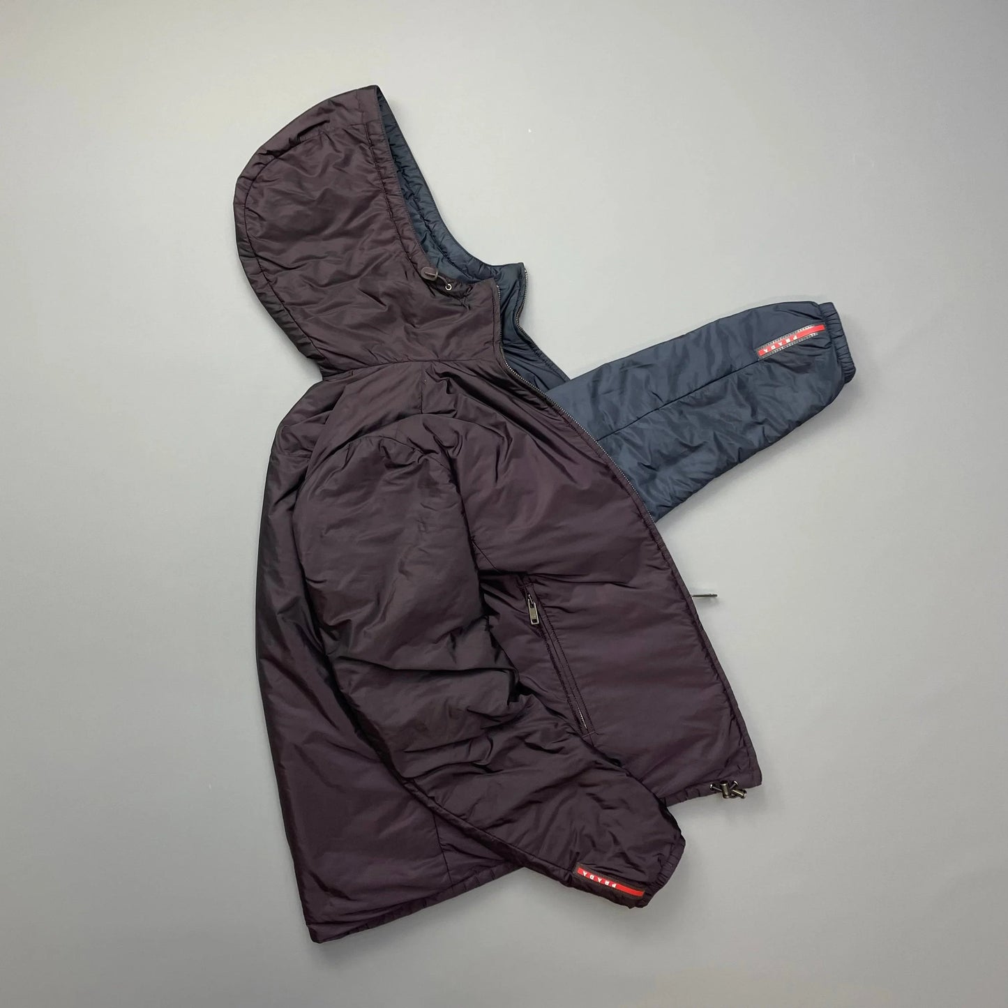 Prada Handbag Sport Burgundy Reversible Padded Hooded Jacket Nylon Navy
