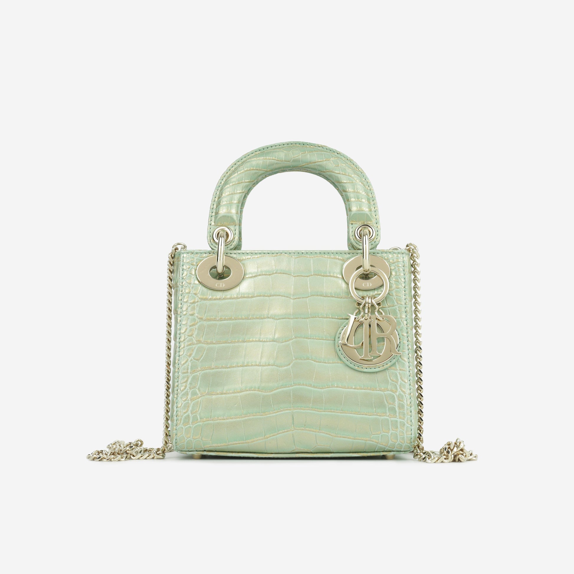 Dior Christian Lady Crocodile Crossbody Bag Green Gold Mini