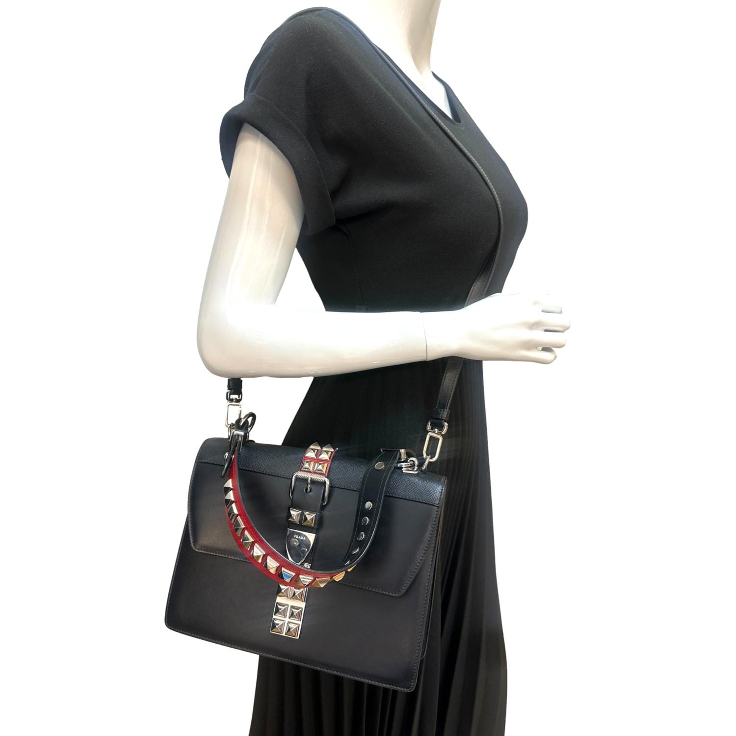 Prada Elektra Calf Shoulder Bag Leather Saffiano Black