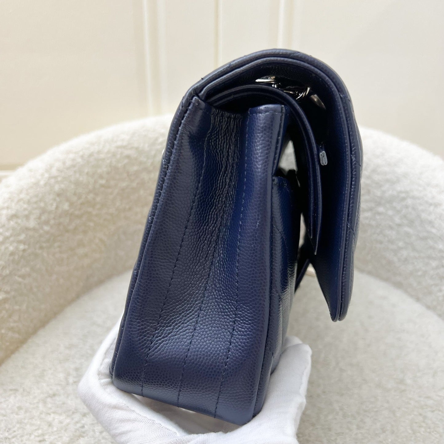 Chanel Medium Classic Flap CF in Chevron Quilted Navy Caviar and SHW Accessory