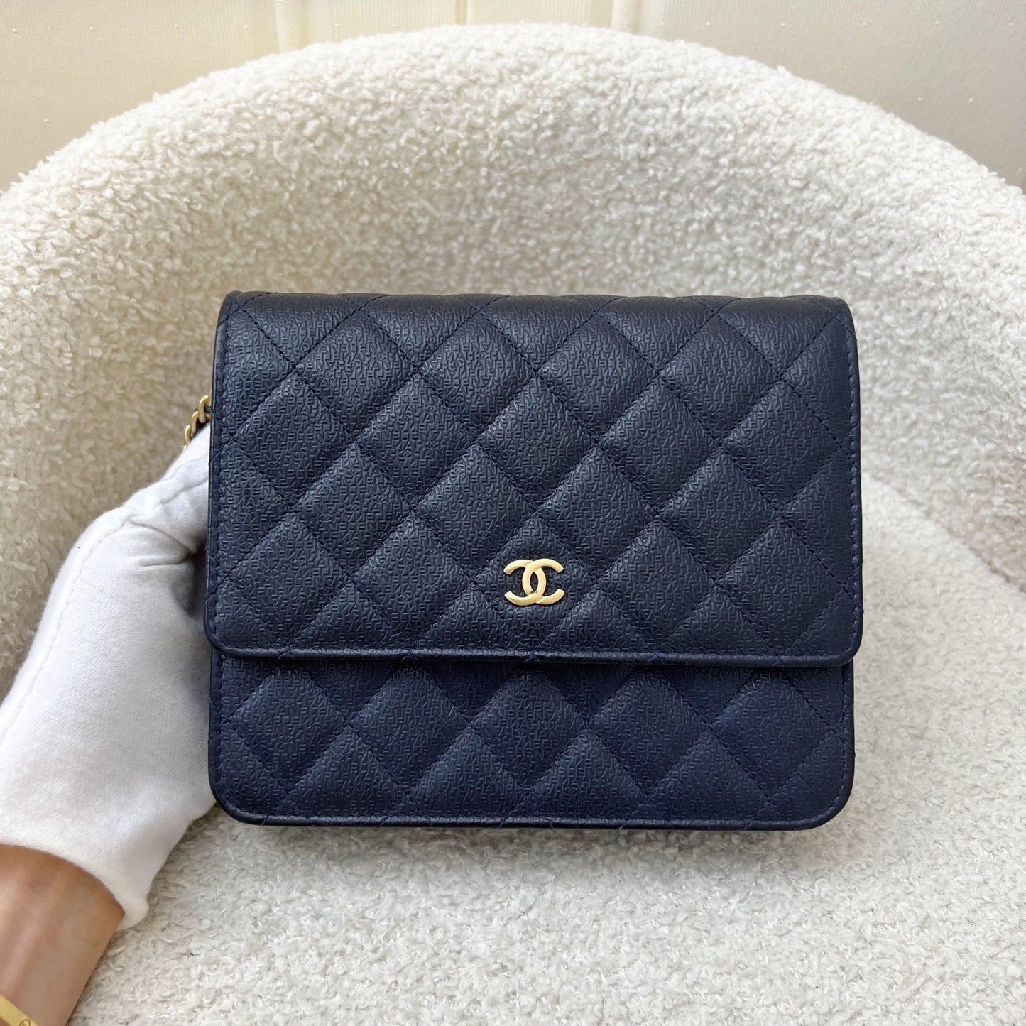 Chanel Square Wallet on Chain WOC in Navy Embossed Calfskin and AGHW (Model: ) Bag