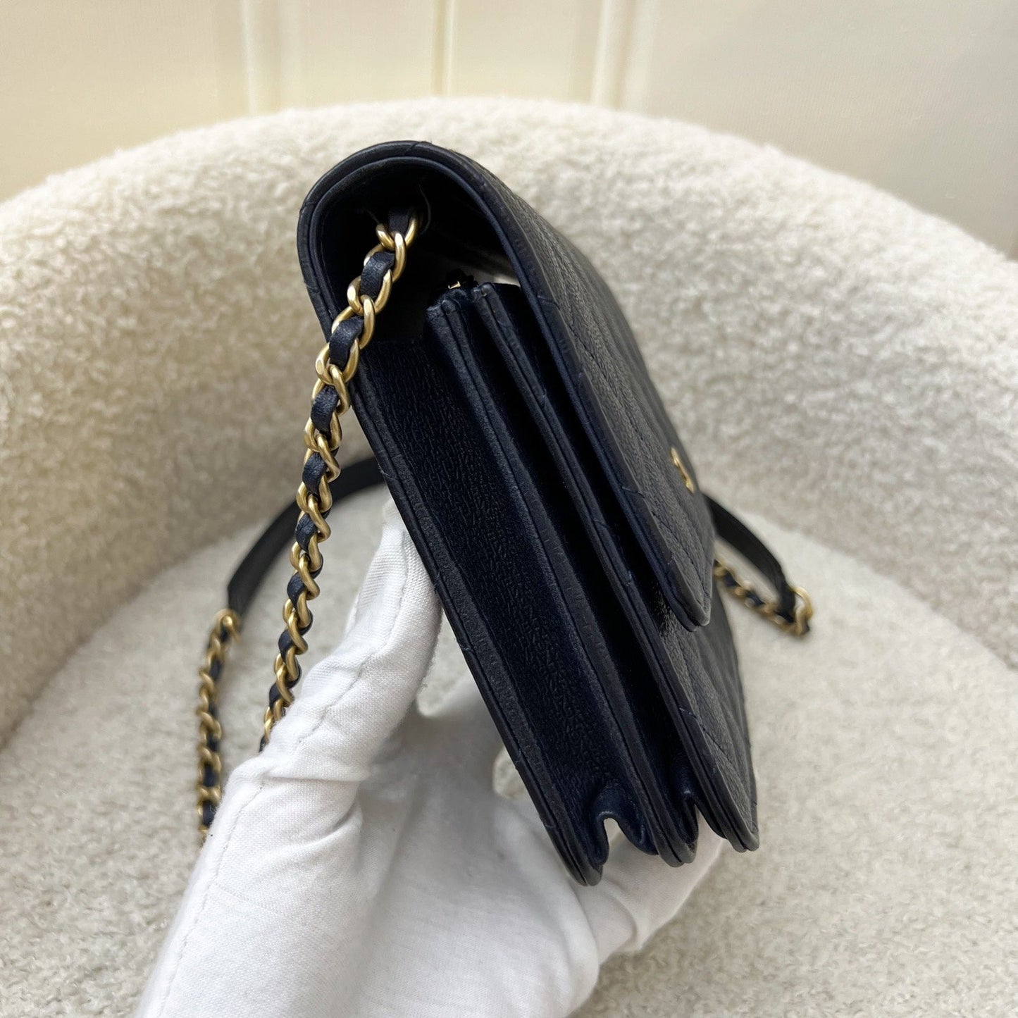 Chanel Square Wallet on Chain WOC in Navy Embossed Calfskin and AGHW (Model: ) Bag
