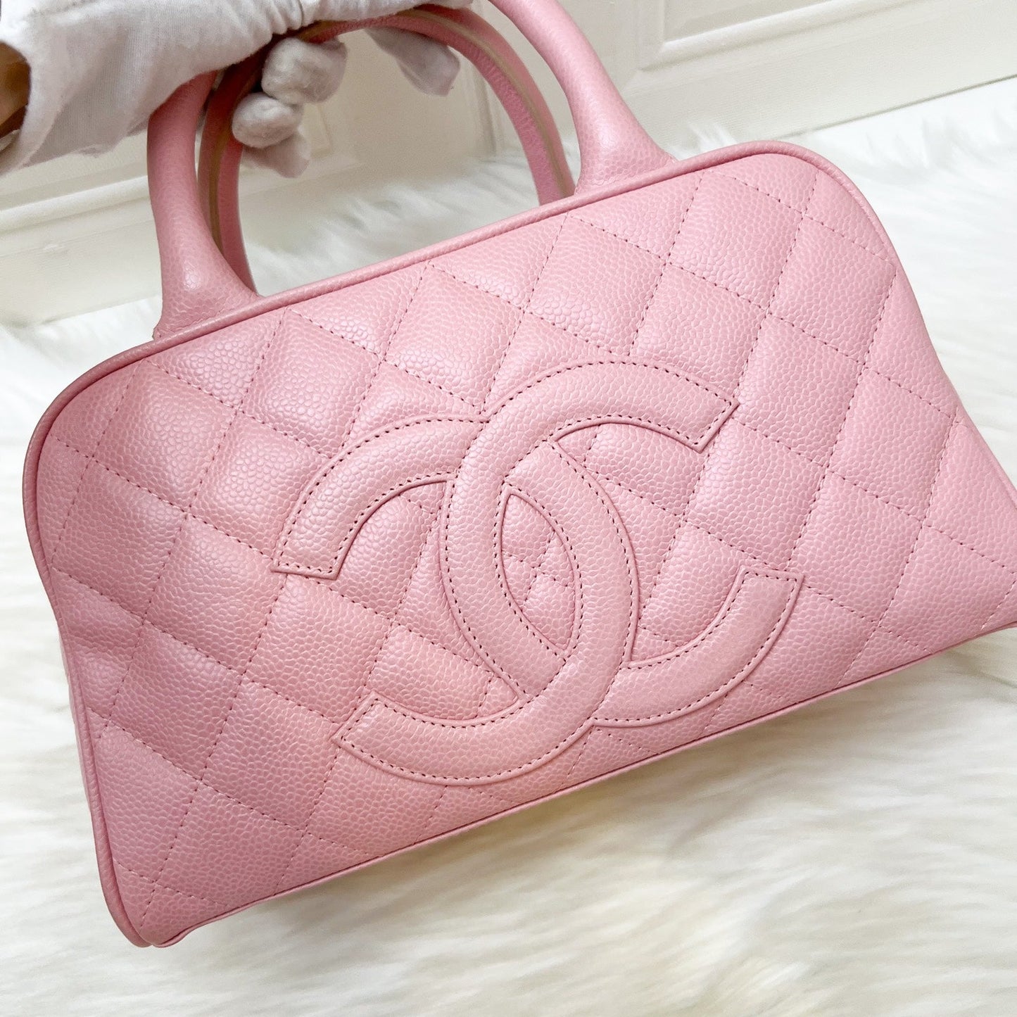 Chanel Mini Boston Bowling in Pink Caviar and Gold HW Accessory