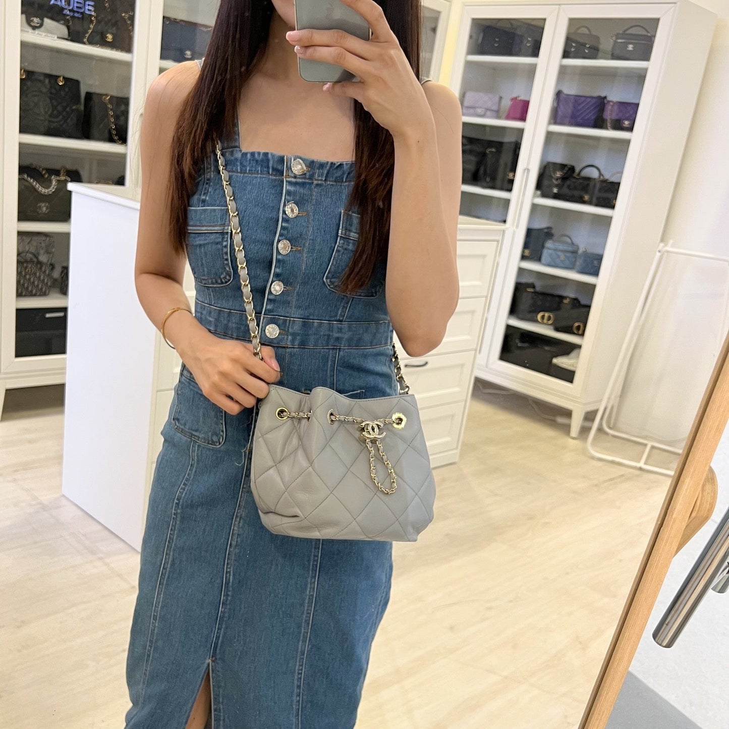 Chanel Drawstring Bucket Bag in Light Grey Lambskin and LHGW (Model: )