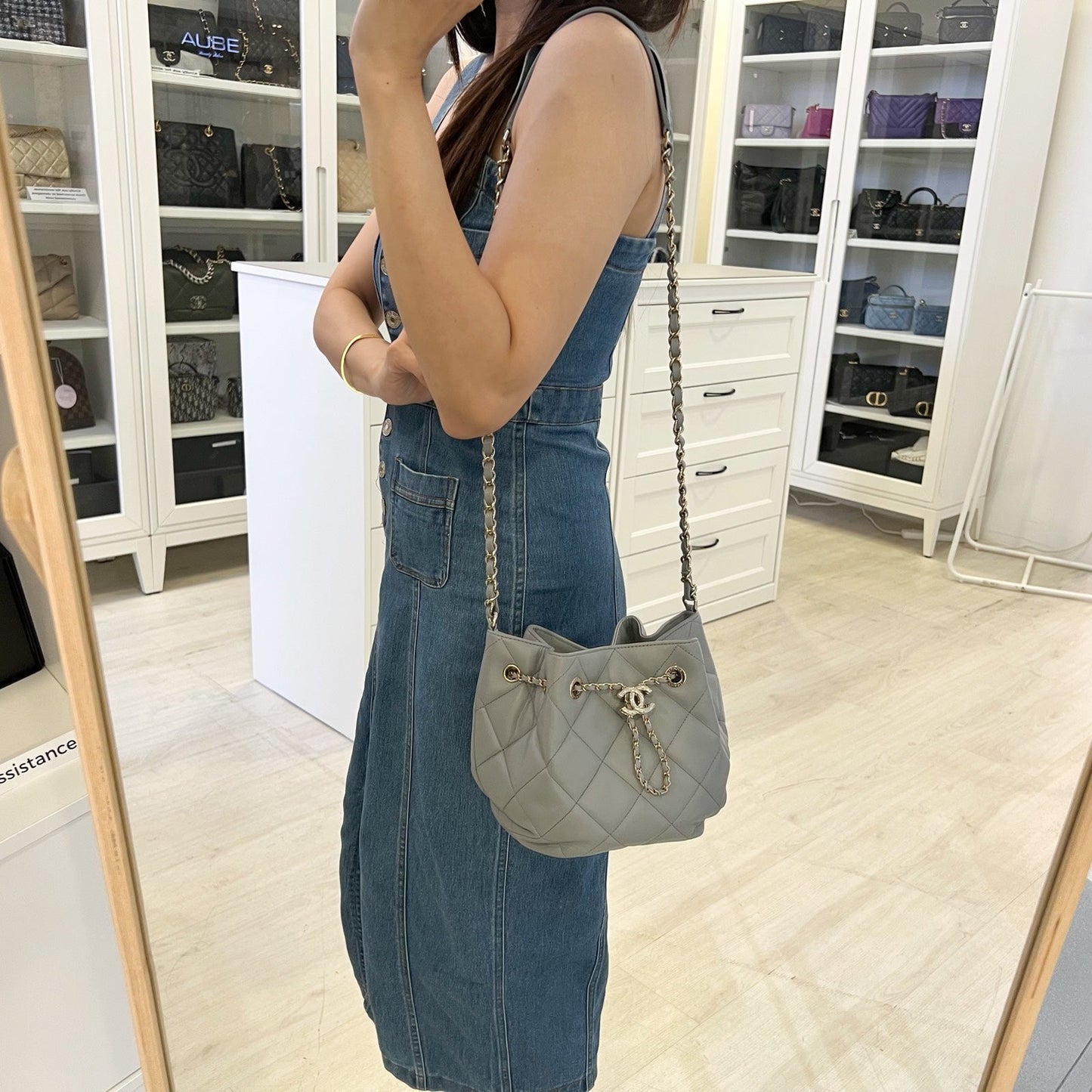 Chanel Drawstring Bucket Bag in Light Grey Lambskin and LHGW (Model: )