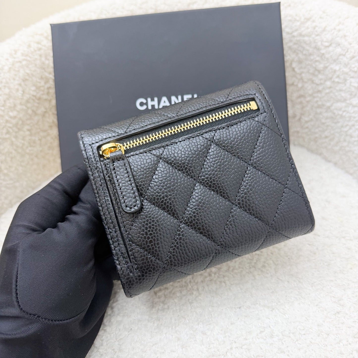 Chanel Classic Trifold Compact Wallet in Black Caviar and GHW (Model: )