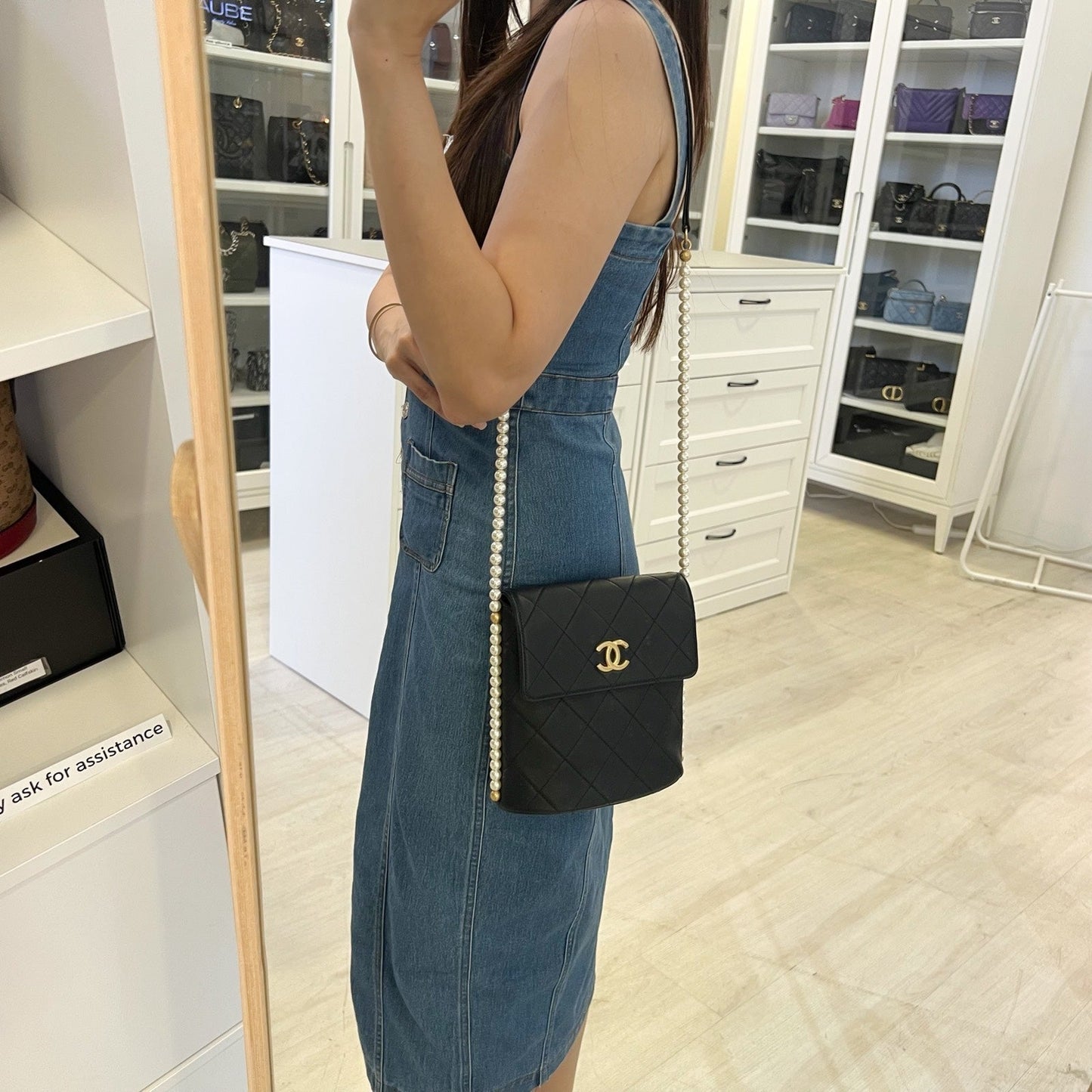 Chanel Pearl Chain North-South Flap Bag in Black Calfskin and AGHW (Model: )