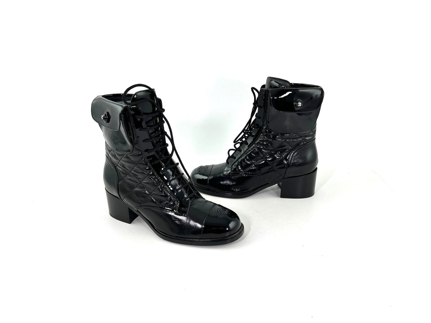 Chanel New Black Quilted Leather CC Logo Combat Boots 40 9.5