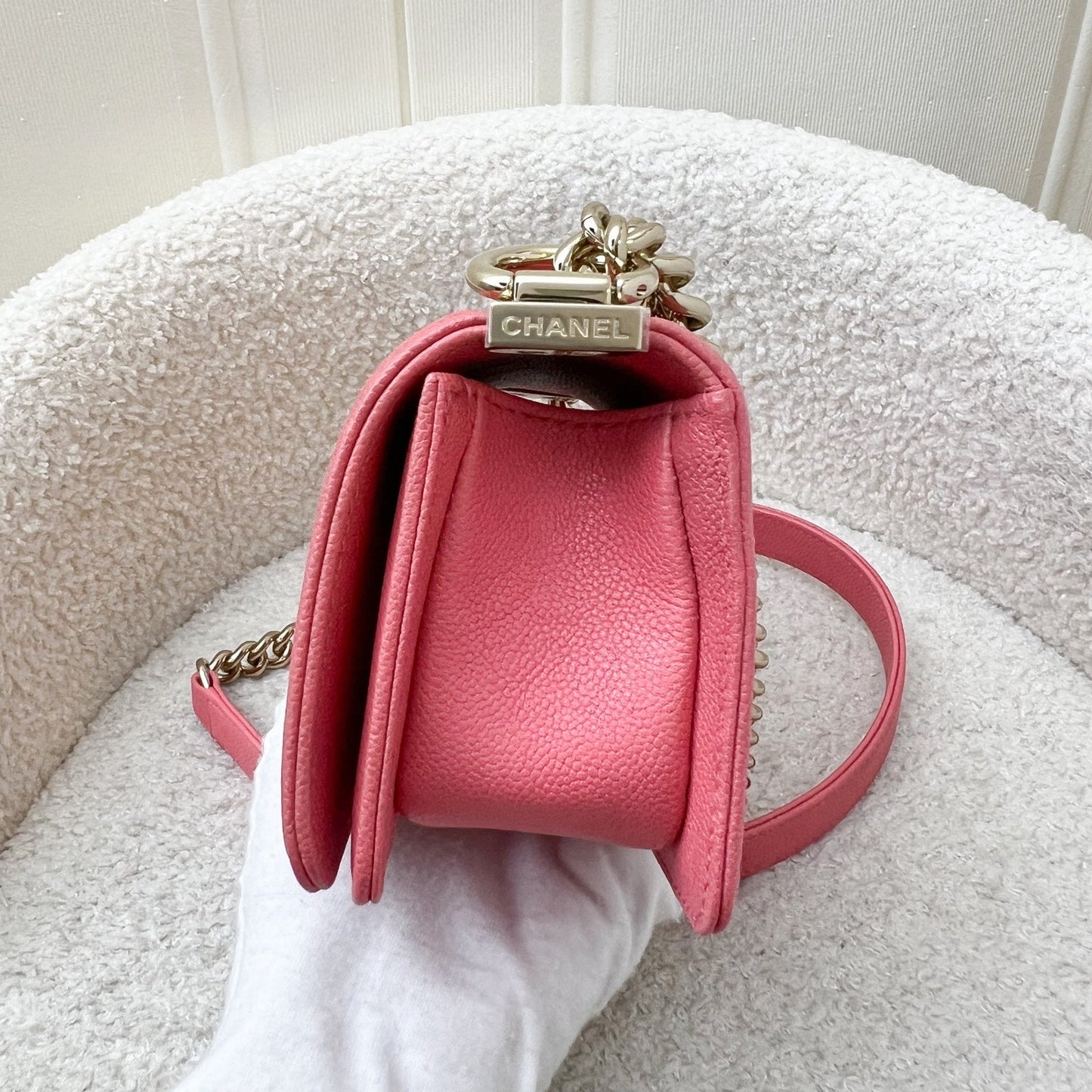 Chanel Micro Boy in Chevron Coral Pink Caviar and Shiny GHW (Model: ) Accessory