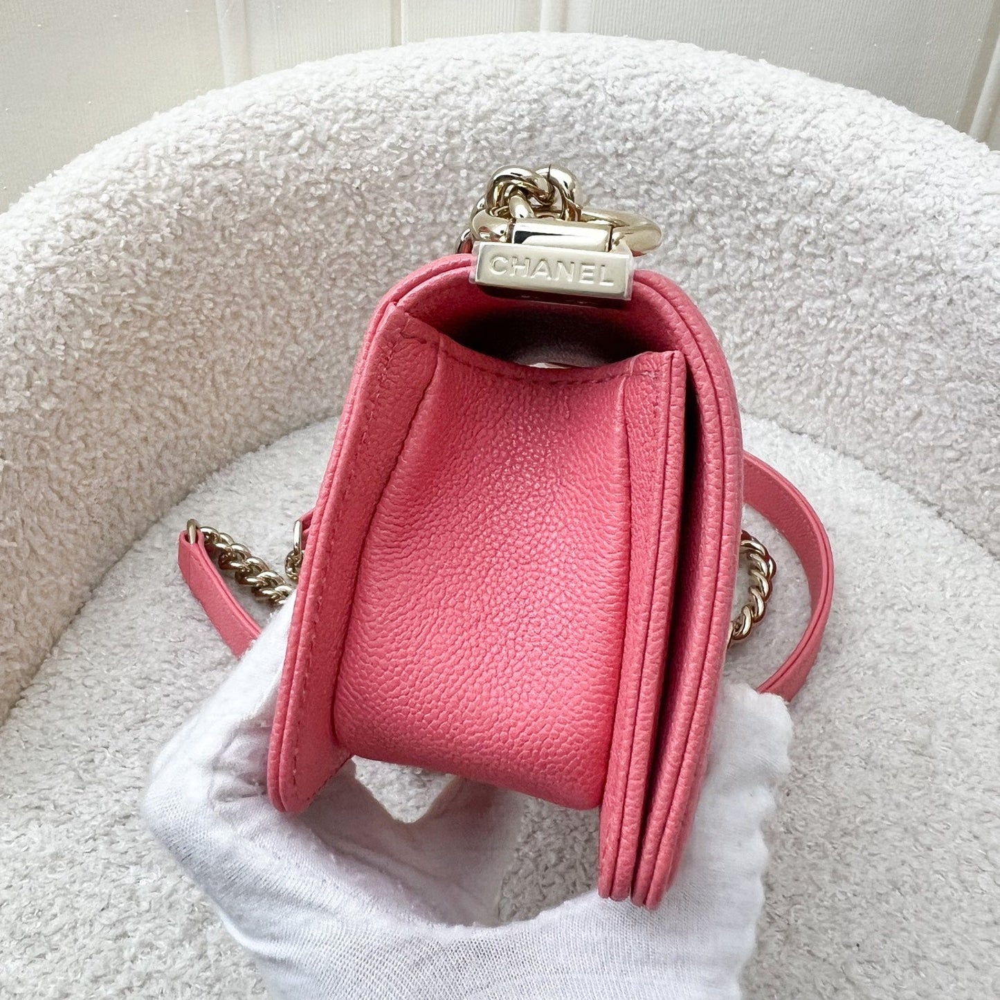 Chanel Micro Boy in Chevron Coral Pink Caviar and Shiny GHW (Model: ) Accessory