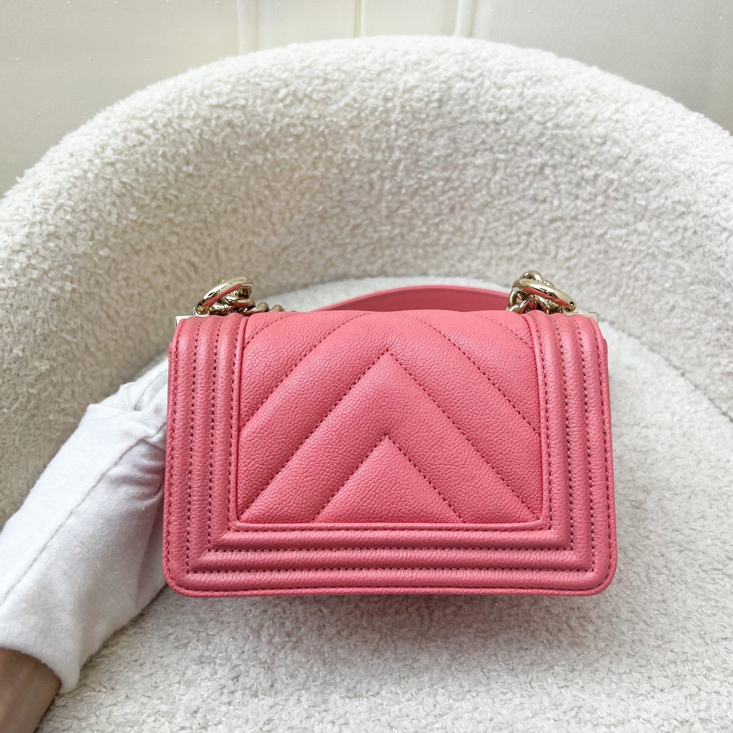 Chanel Micro Boy in Chevron Coral Pink Caviar and Shiny GHW (Model: ) Accessory