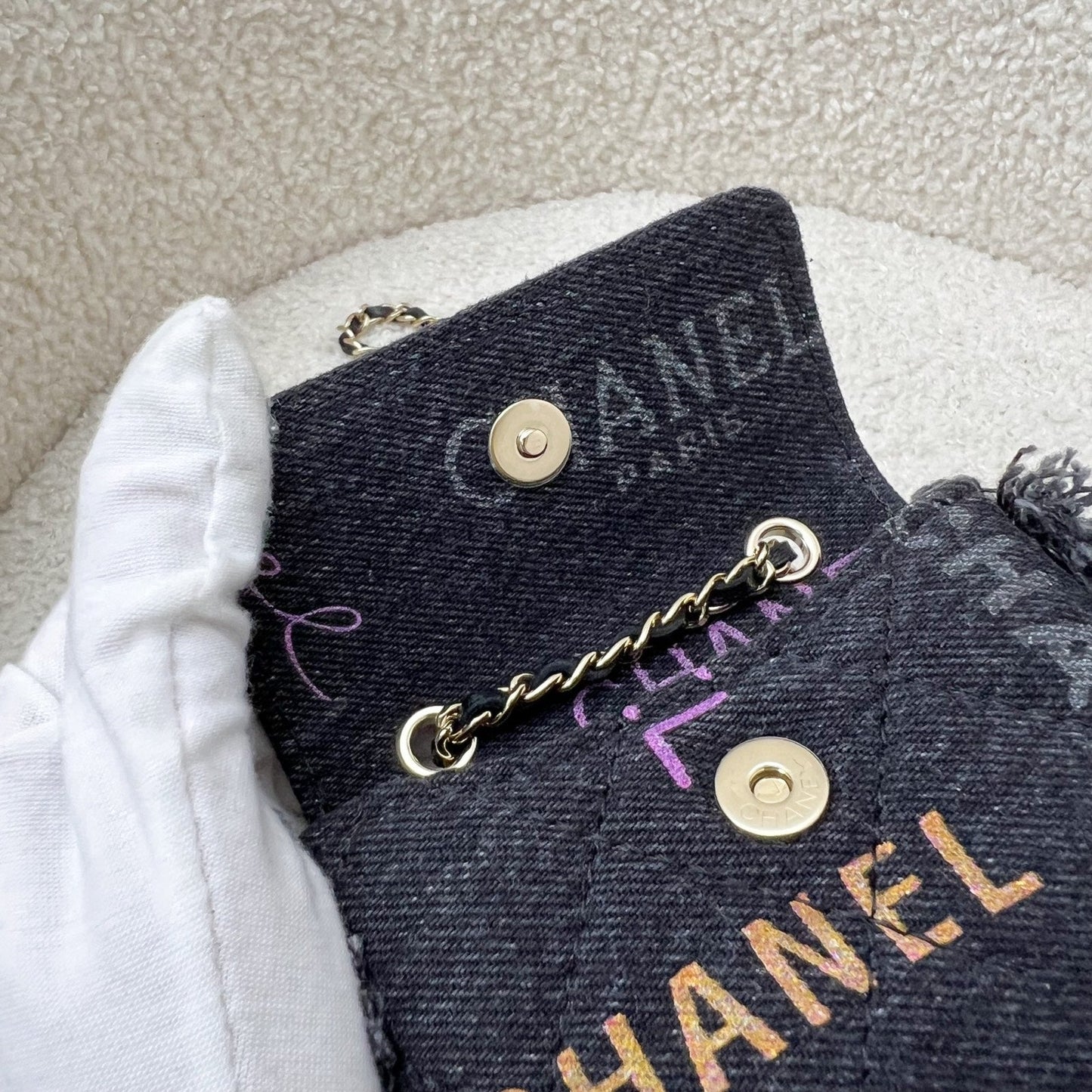 Chanel Waist Bag / Clutch on Chain in Black Printed Denim and GHW