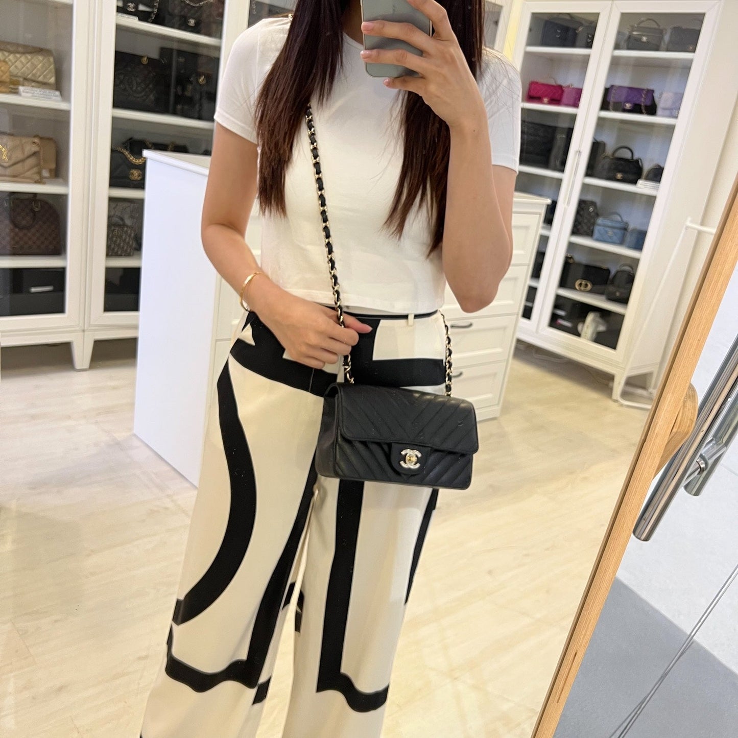Chanel Classic Mini Rectangle Flap in Chevron Quilted Black Caviar and LGHW Accessory