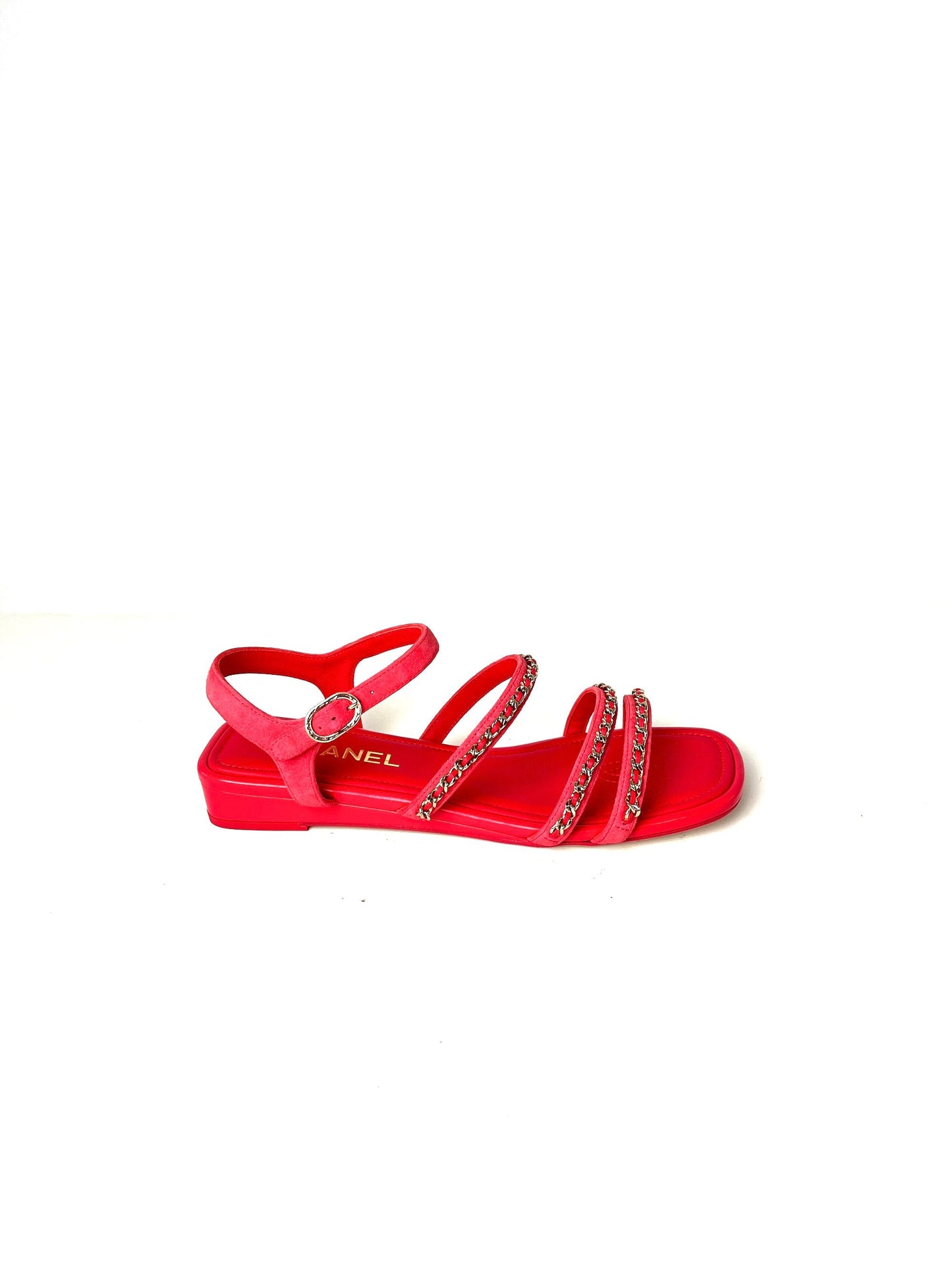 Chanel New Chain Suede Leather Pink Wedge Sandals 38 7.5