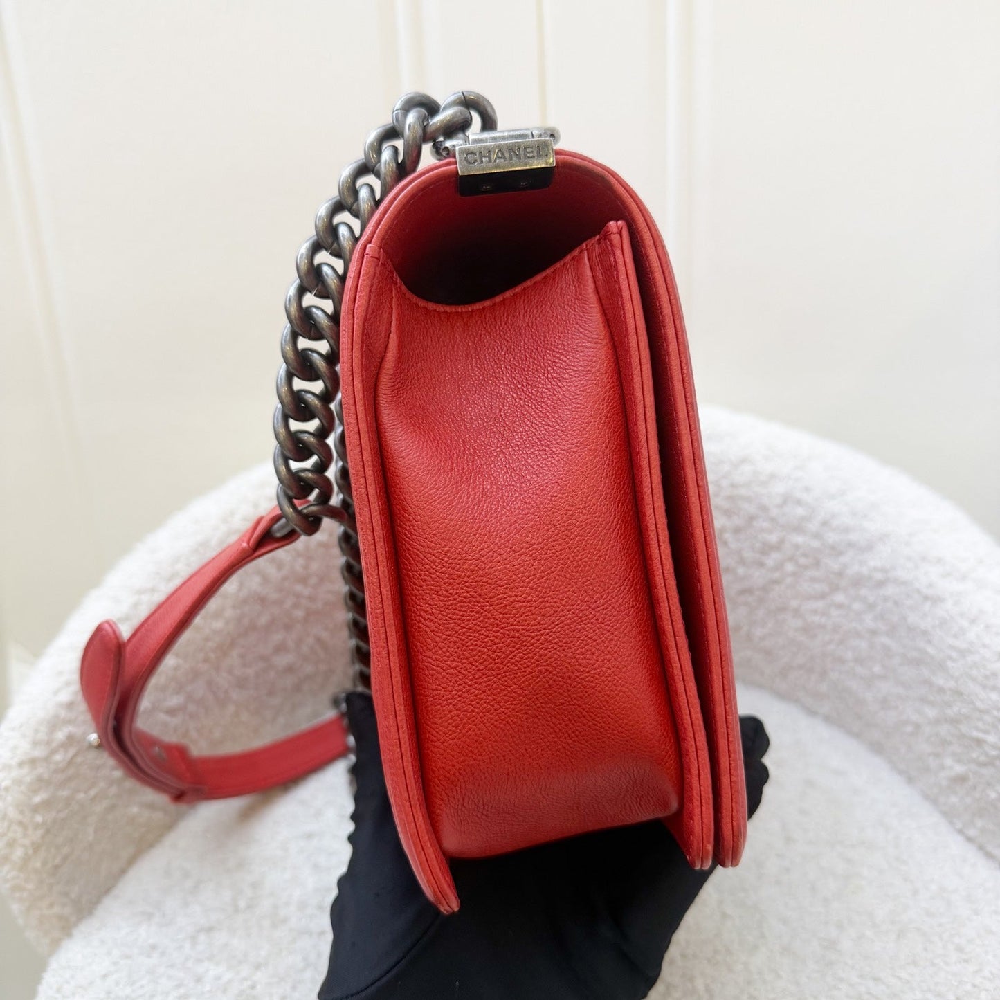 Chanel Medium Boy Flap in Red Distressed Calfskin and RHW Accessory