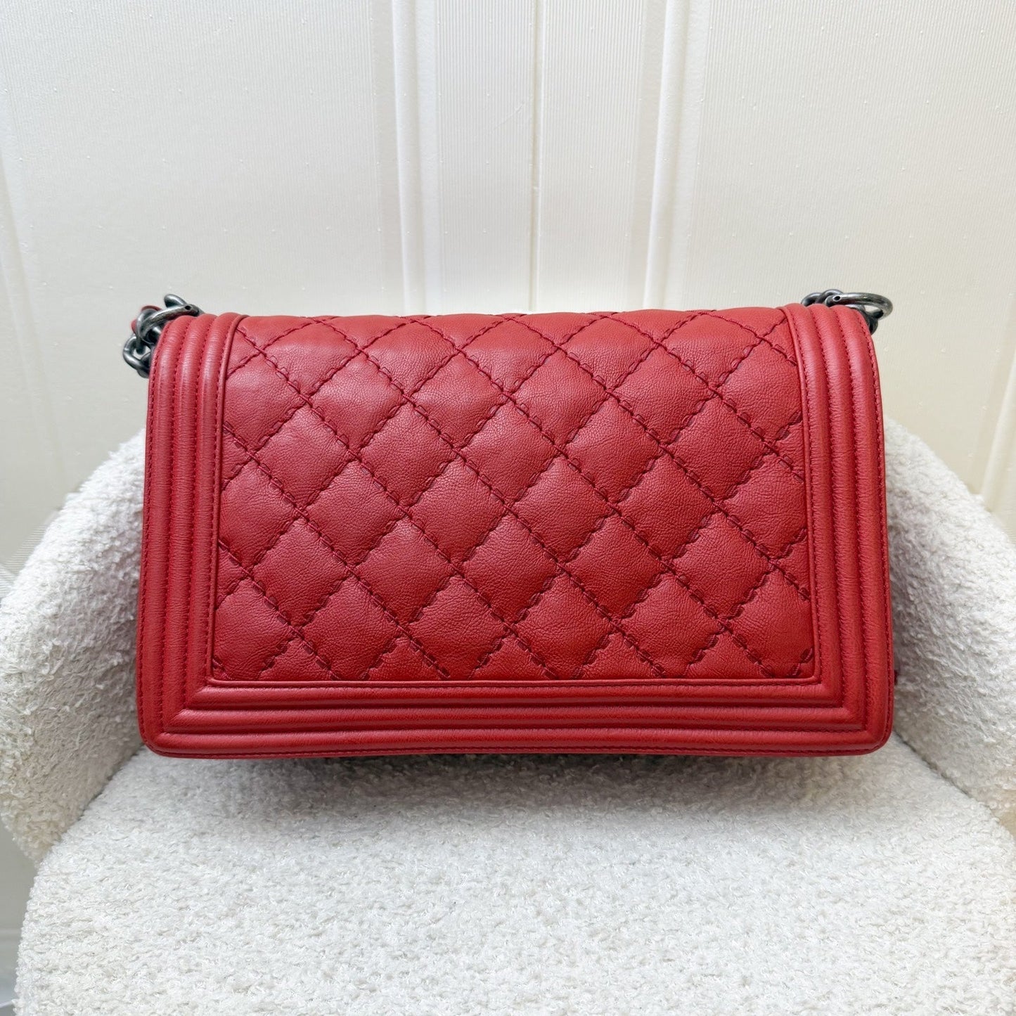 Chanel Medium Boy Flap in Red Distressed Calfskin and RHW Accessory