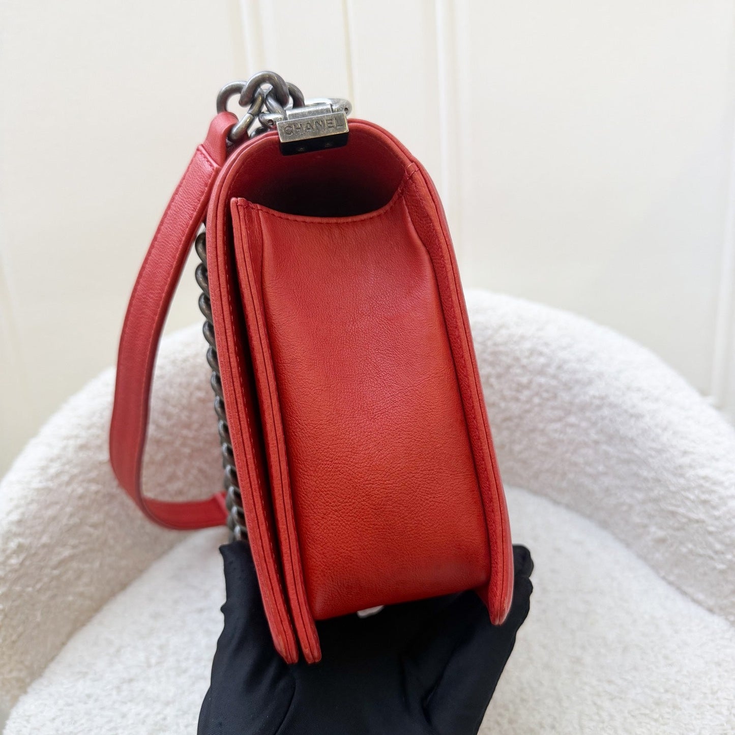 Chanel Medium Boy Flap in Red Distressed Calfskin and RHW Accessory