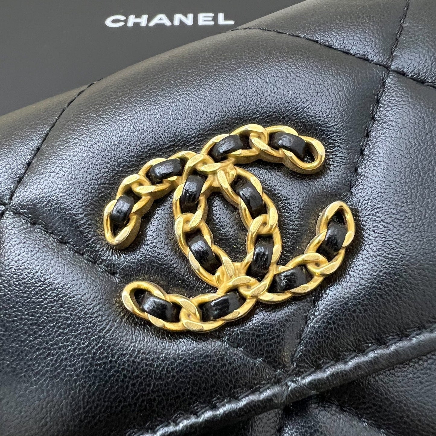 19 Compact Trifold Wallet in Black Lambskin and AGHW Signature