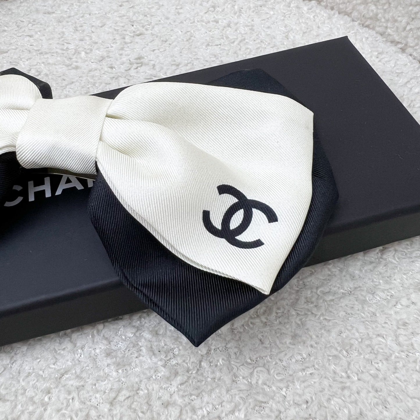 Chanel Bow Barrette Hair Clip in Black and Off White Fabric Accessory