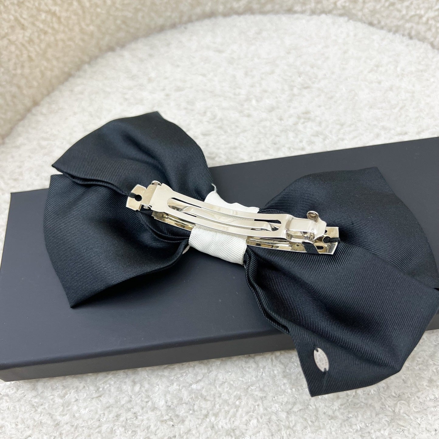 Chanel Bow Barrette Hair Clip in Black and Off White Fabric Accessory