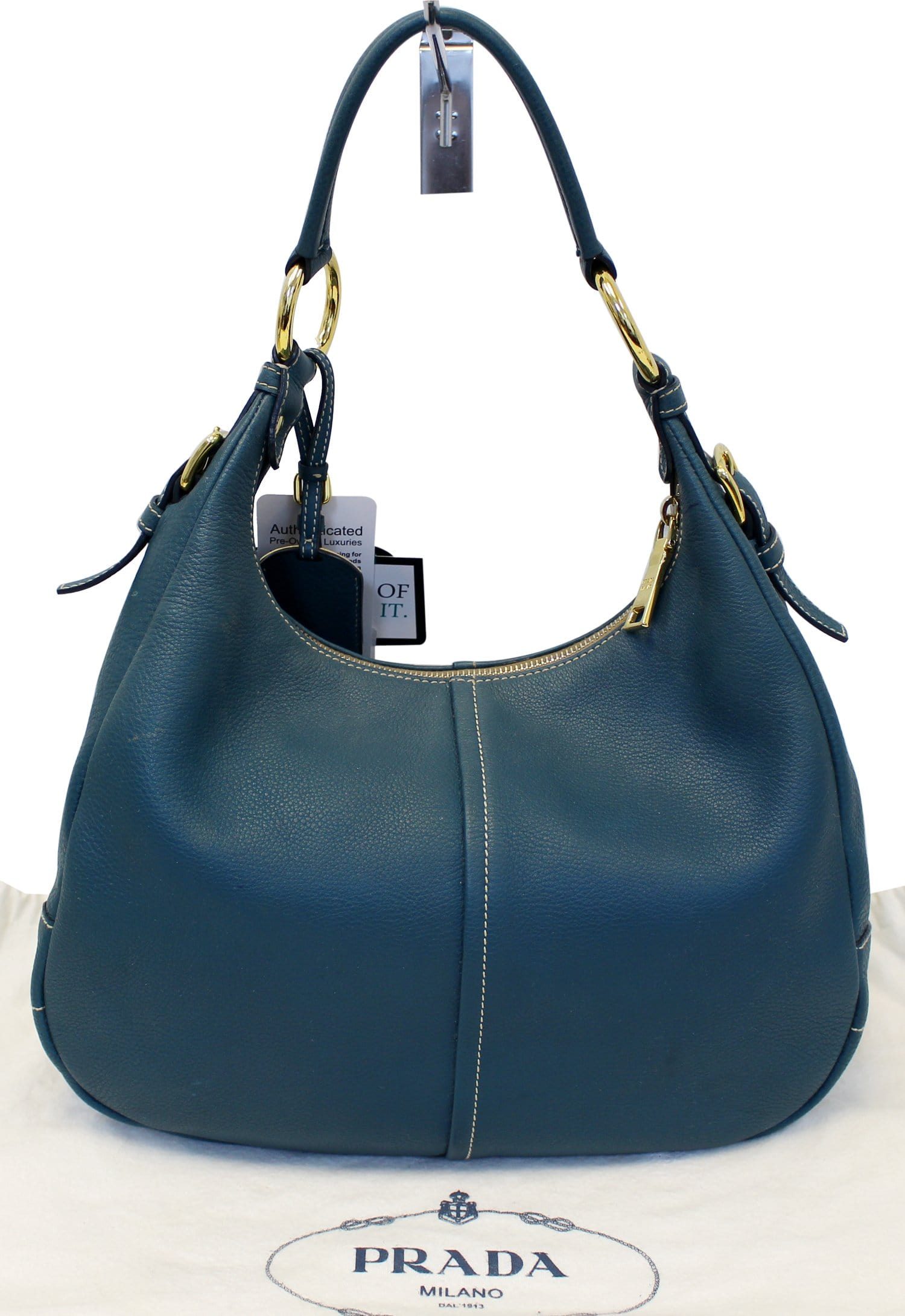 Sughero Vitello Daino Zip Top Hobo Bag Leather Blue Travel Bag