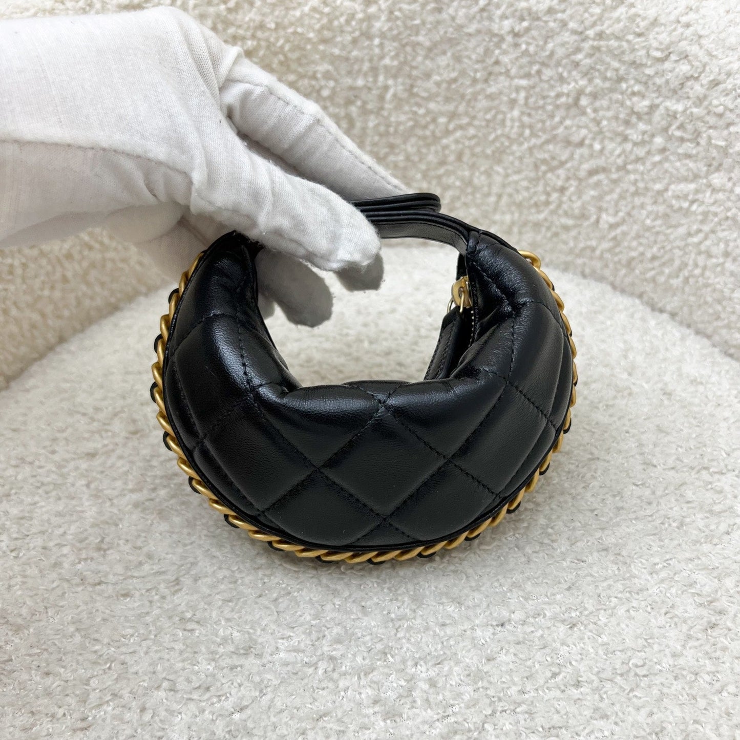 Chanel Fortune Cookie Mini Pouch / Bag Charm in Black Shiny Crumpled Lambskin and AGHW