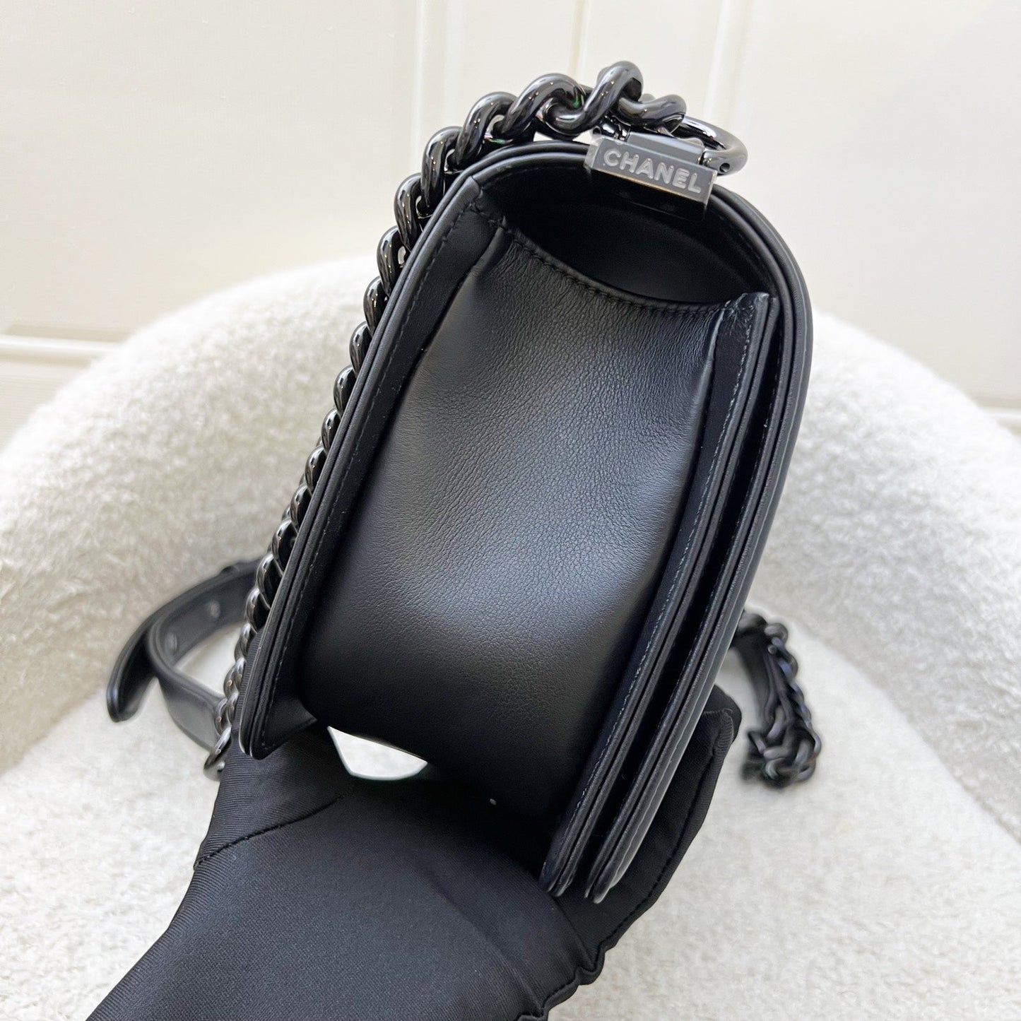 Chanel So Black Medium Boy Flap in Black Calfskin and Black HW (Model: ) Accessory