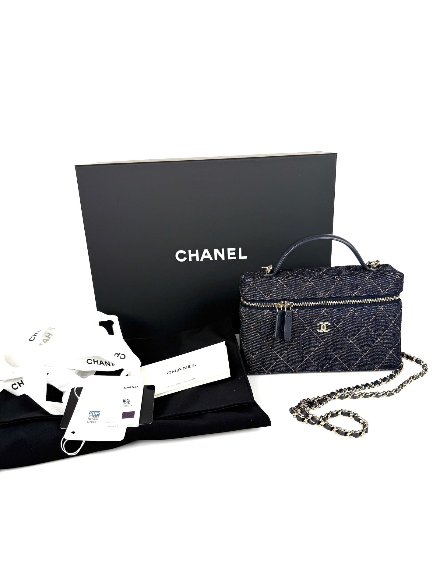 Chanel Long Classic Vanity Dark Denim Quilted Zip Top Handle Crossbody with Chain Bag New