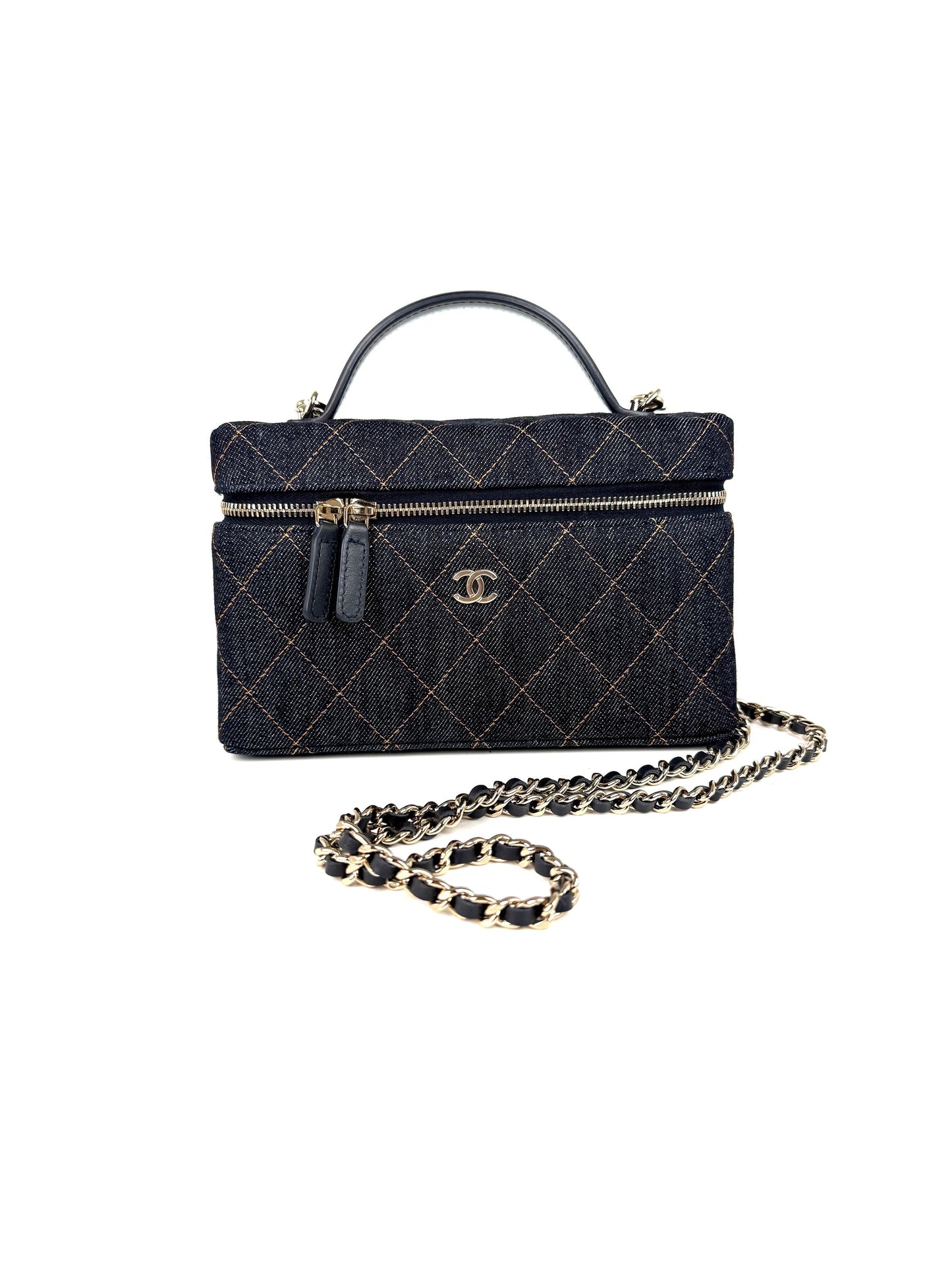 Chanel Long Classic Vanity Dark Denim Quilted Zip Top Handle Crossbody with Chain Bag New