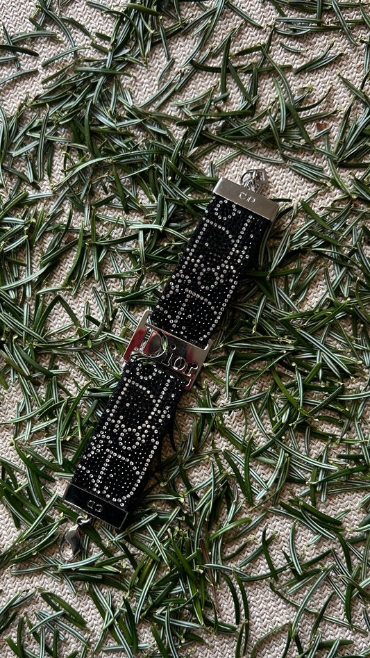 Dior Oblique Strass Bracelet Leather Black Silver Jewelry